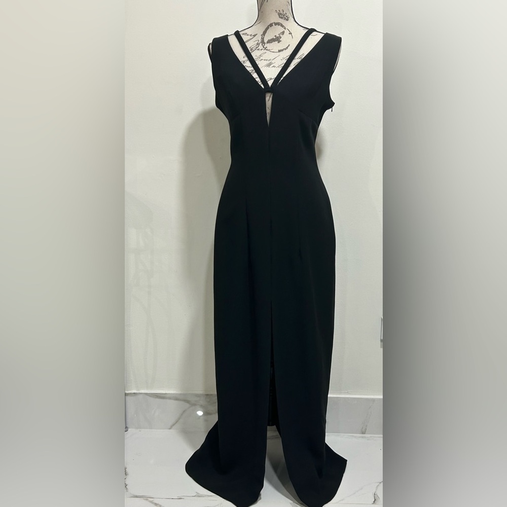 Cache Black V-Neck Maxi Dress Sleeveless with Front Slit and Decorative Straps.